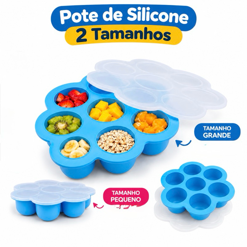 Pote de Silicone para Congelar Papinha Bebê com Tampa 7 Divisórias BPA Free Introdução Alimentar