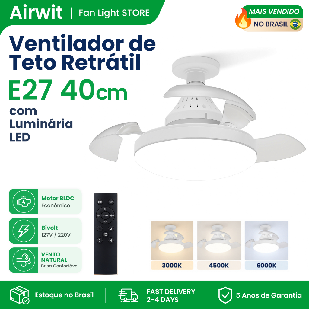 Airwit 40cm 3 Pás Ventilador de teto retrátil com Luminária LED 4 Temperaturas de Cor Controle Remoto Econômico