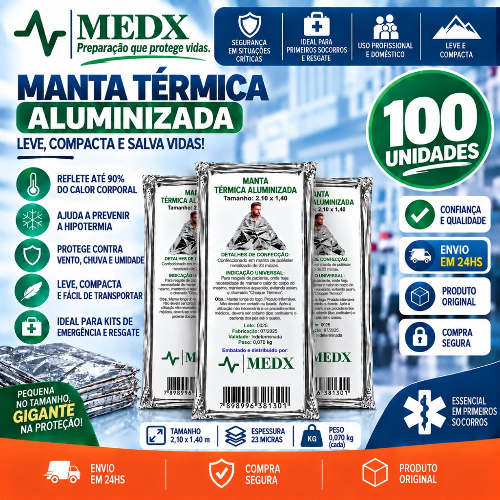 Cobertor Manta Térmica Aluminizado Para Resgate, Emergência e Camping - Kit Com 100 Unidades