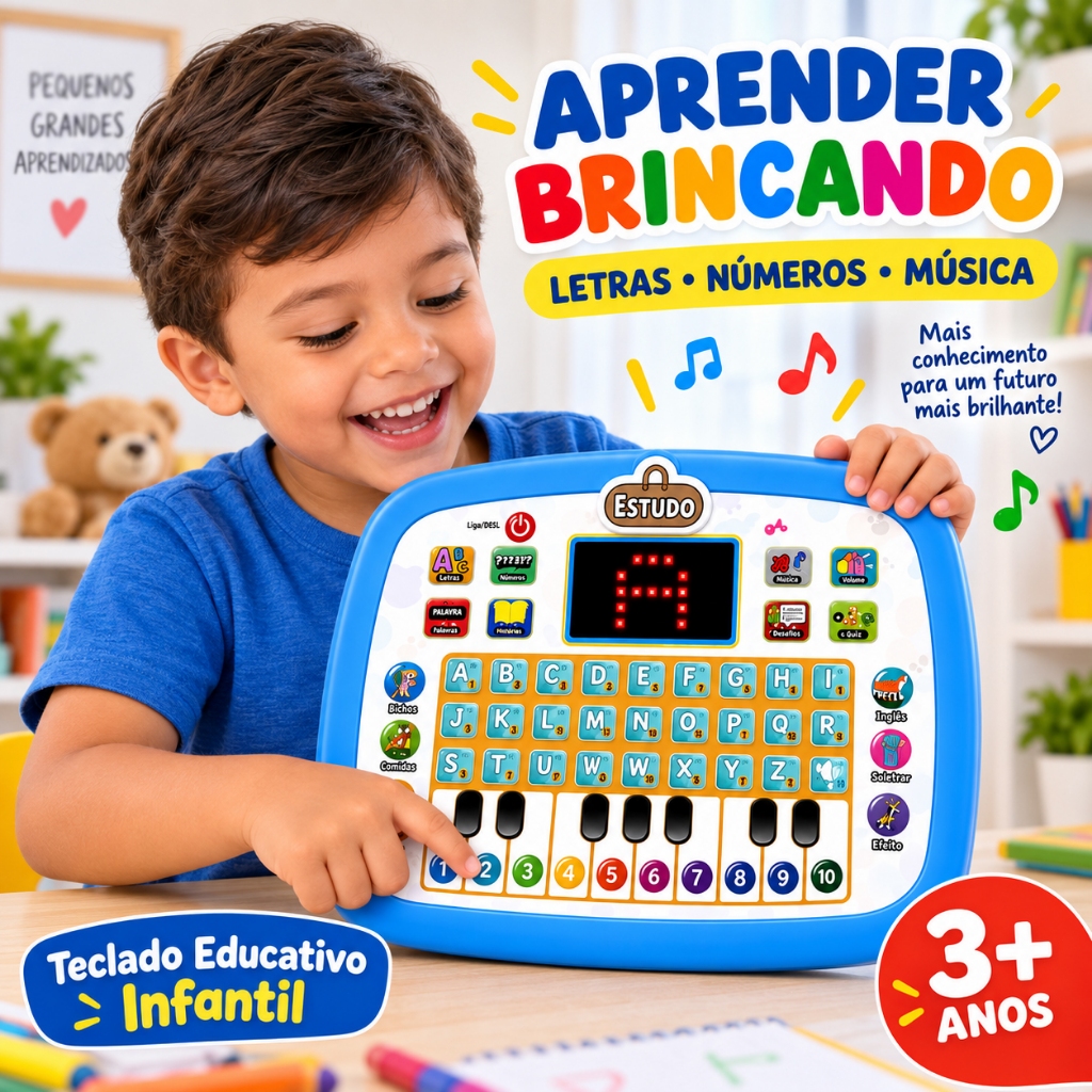 Teclado Educativo Infantil Brinquedo de Aprendizagem Letras Números Música Piano