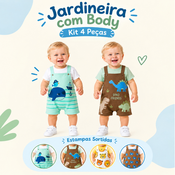 Kit Bebe Menino 4 Peças Jardineira com Body Roupa Masculino Infantil Verao Leve Confortável Sortido