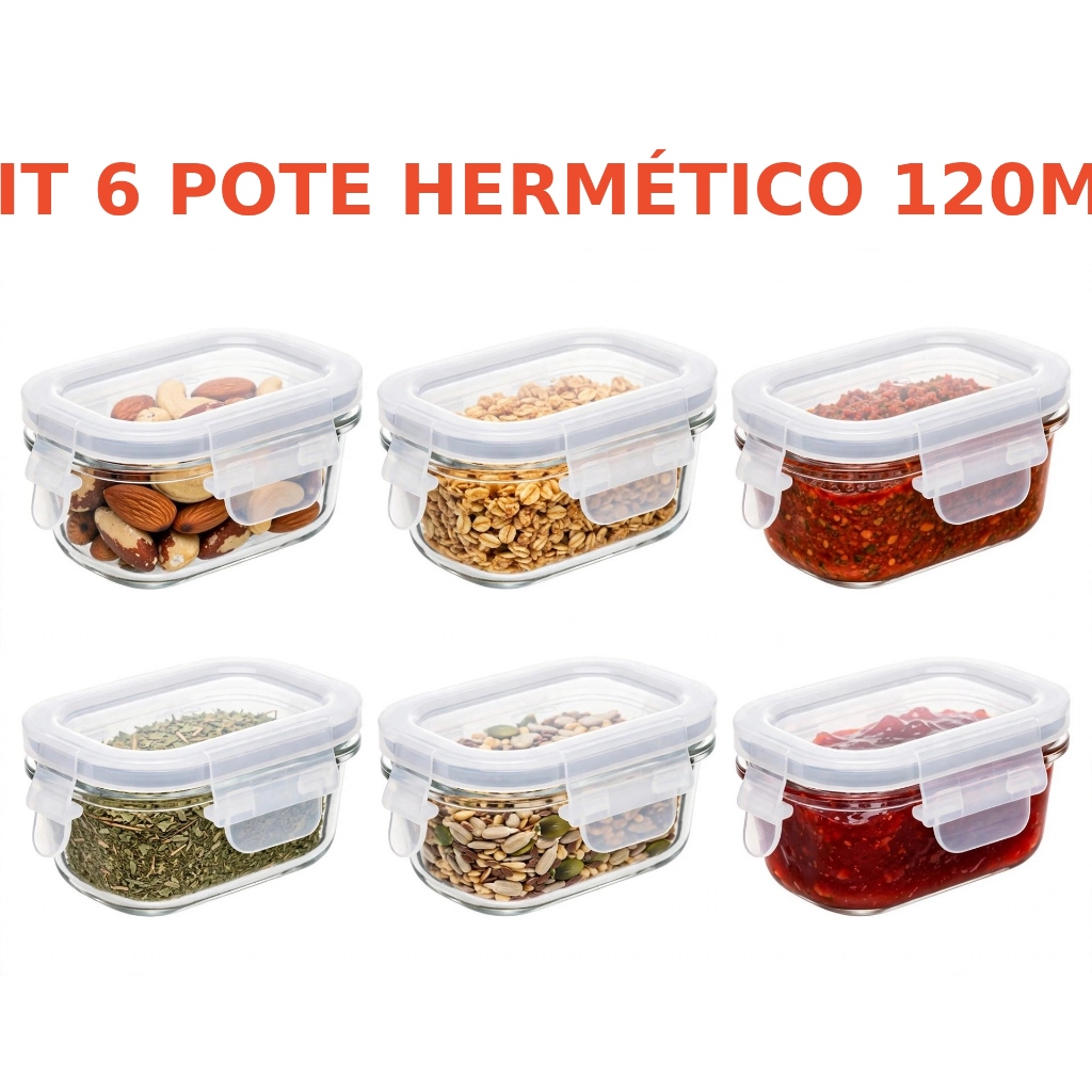 Kit 6 Potes Herméticos Vidro 120ml Retangular Tampa 4 Travas Silicone P/ Tempero Patê Papinha Mel Marmita Geladeira Lyor
