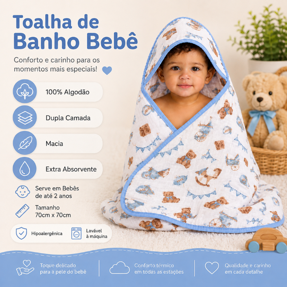 Toalha de Banho Bebe Soft Macia 100% Algodão com Capuz Enxoval 2 Camadas