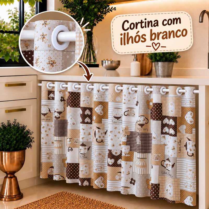 Cortina De Pia Cozinha Oxford Estampado De 1,40m X 80cm Com Ilhós Folha Única