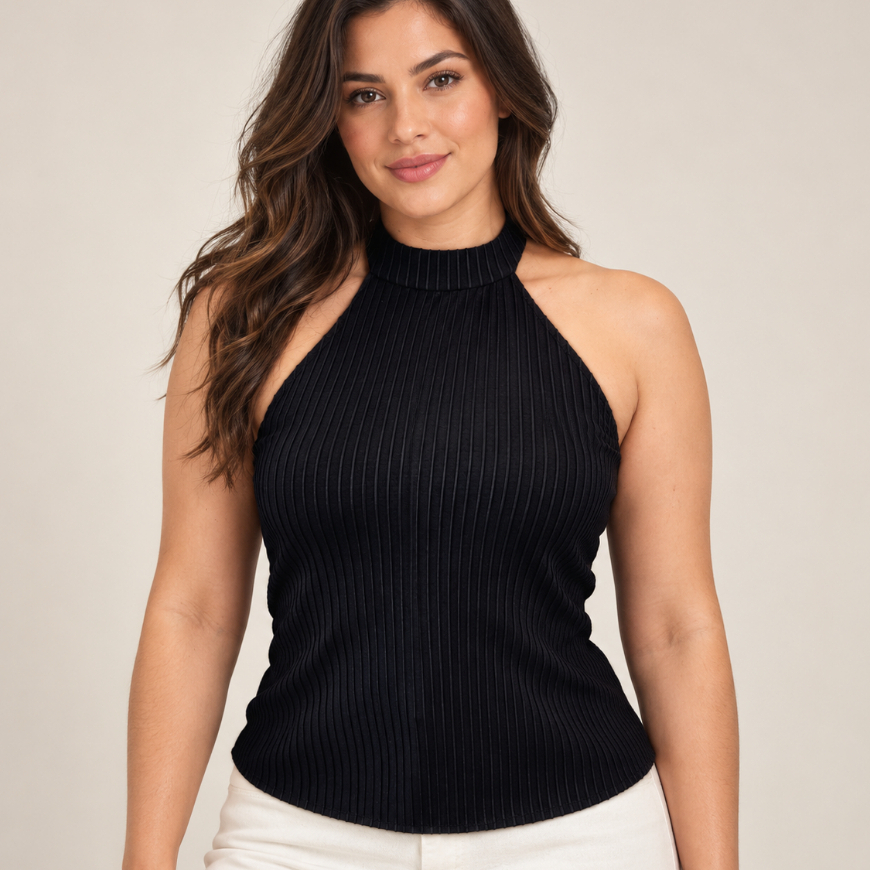 Blusa Regata Feminina Gola Alta Canelada com Botões nas Costas Elegante
