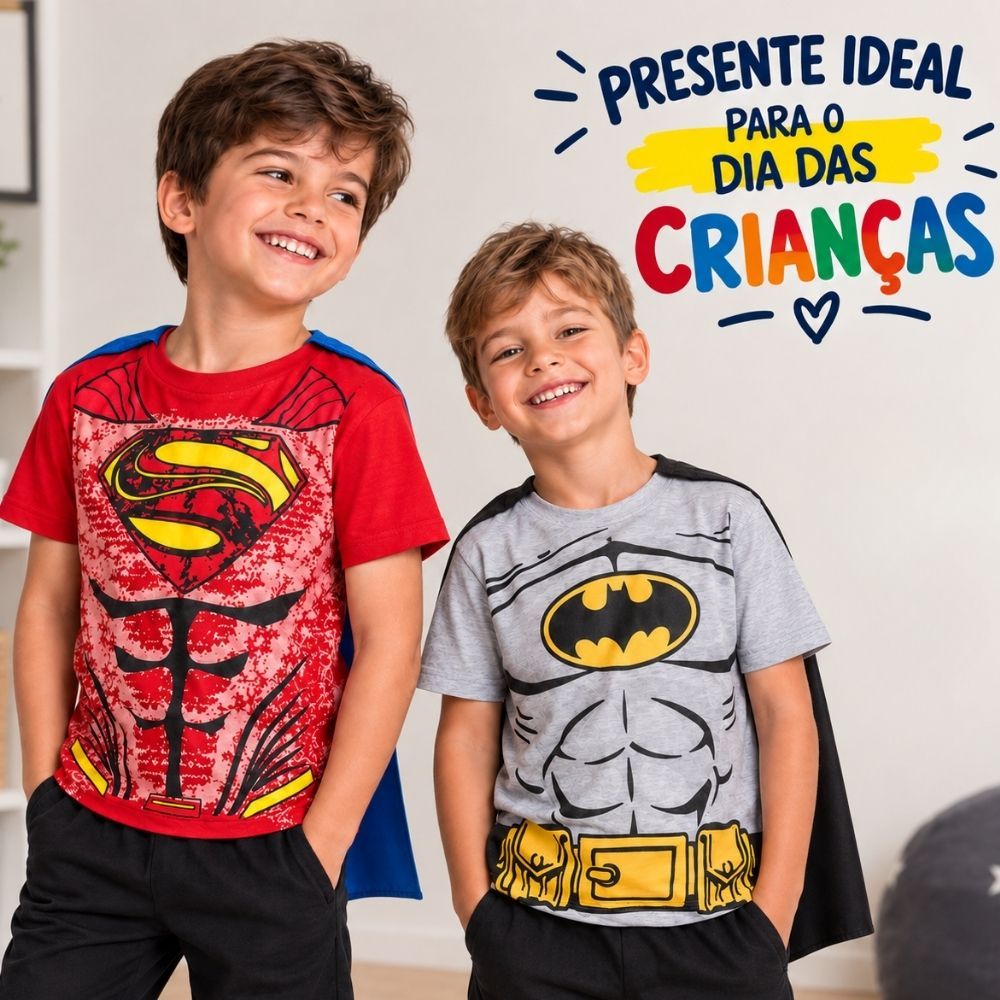Camiseta Infantil Menino Herói com Capa Fantasia Infantil Tamanho 2 ao 10 Anos | Camiseta Infantil 100% Algodão