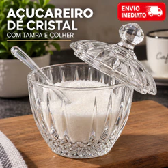 Açucareiro com Tampa de Cristal e Colher Porta Açúcar Transparente Decorativo para Cozinha