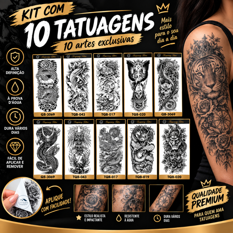Kit 10 Adesivos De Tatuagem Temporária a Prova d'água