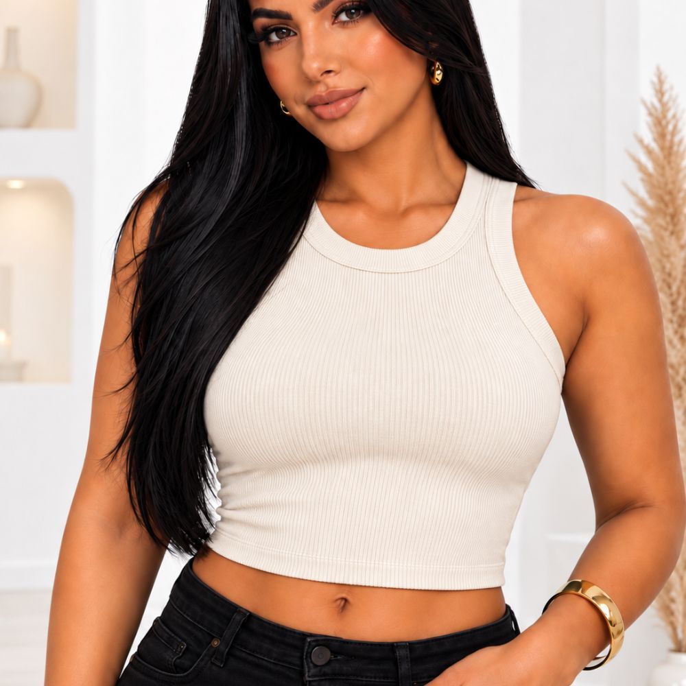 Blusa Cropped Regata Feminina Lisa Blusinha Básica Gola Redonda Malha Canelada Ribana Algodão Lovi