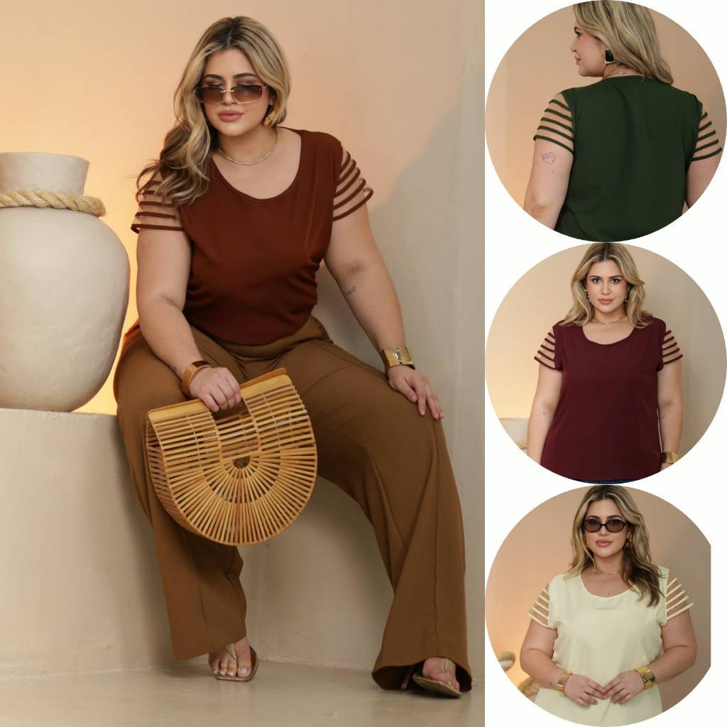 Blusa feminina Social Manga Curta Tule Crepinho Elegante Trabalho Casual