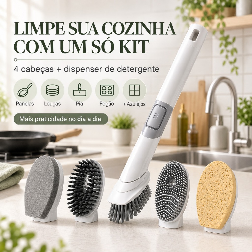 Escova De Limpeza Cozinha 4 Em 1 Com Dispenser De Detergente Para Panelas Louças Pia
