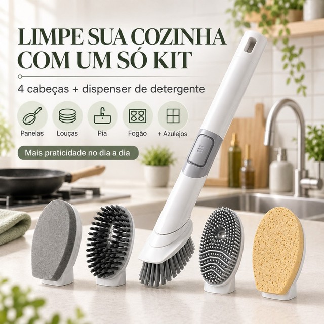 Escova De Limpeza Cozinha 4 Em 1 Com Dispenser De Detergente Para Panelas Louças Pia