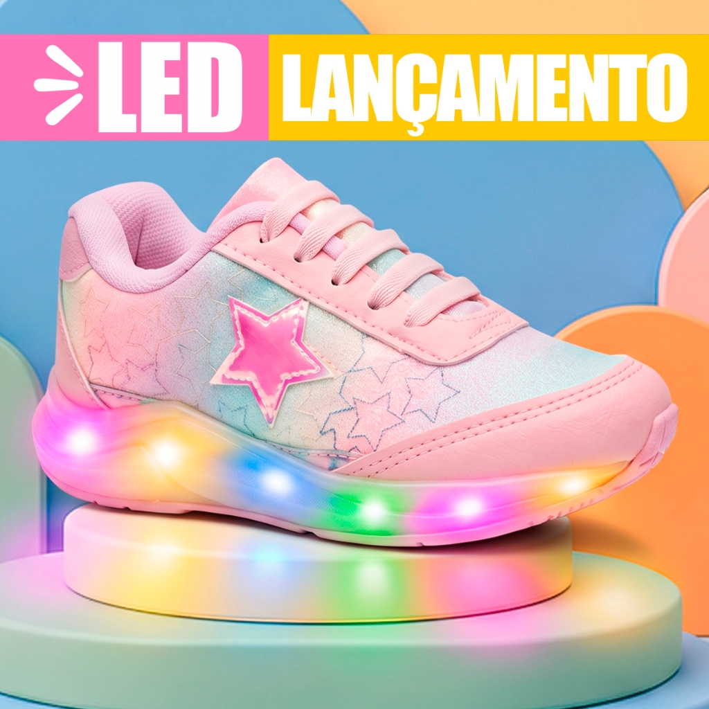 Tenis infantil Led Menina Feminino Luz Pisca Pisca Club Happy