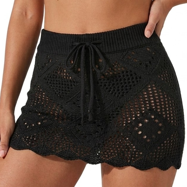 Saída de Praia Feminina Tricô Crochê Vazado Preto Cintura Alta Leve Confortável Alta Elasticidade Tamanho Único P ao G