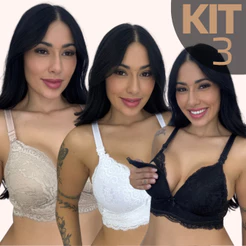 KIT 3 Sutiãs Amamentação Com Bojo Soft Molinho Não Amassa Reforçado Fecho Largo Renda Gestante Pós Parto Gestação