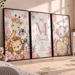 Kit 3 Quadros Infantil Personalizado Safari Menina com Nome Animais Rosa Floral