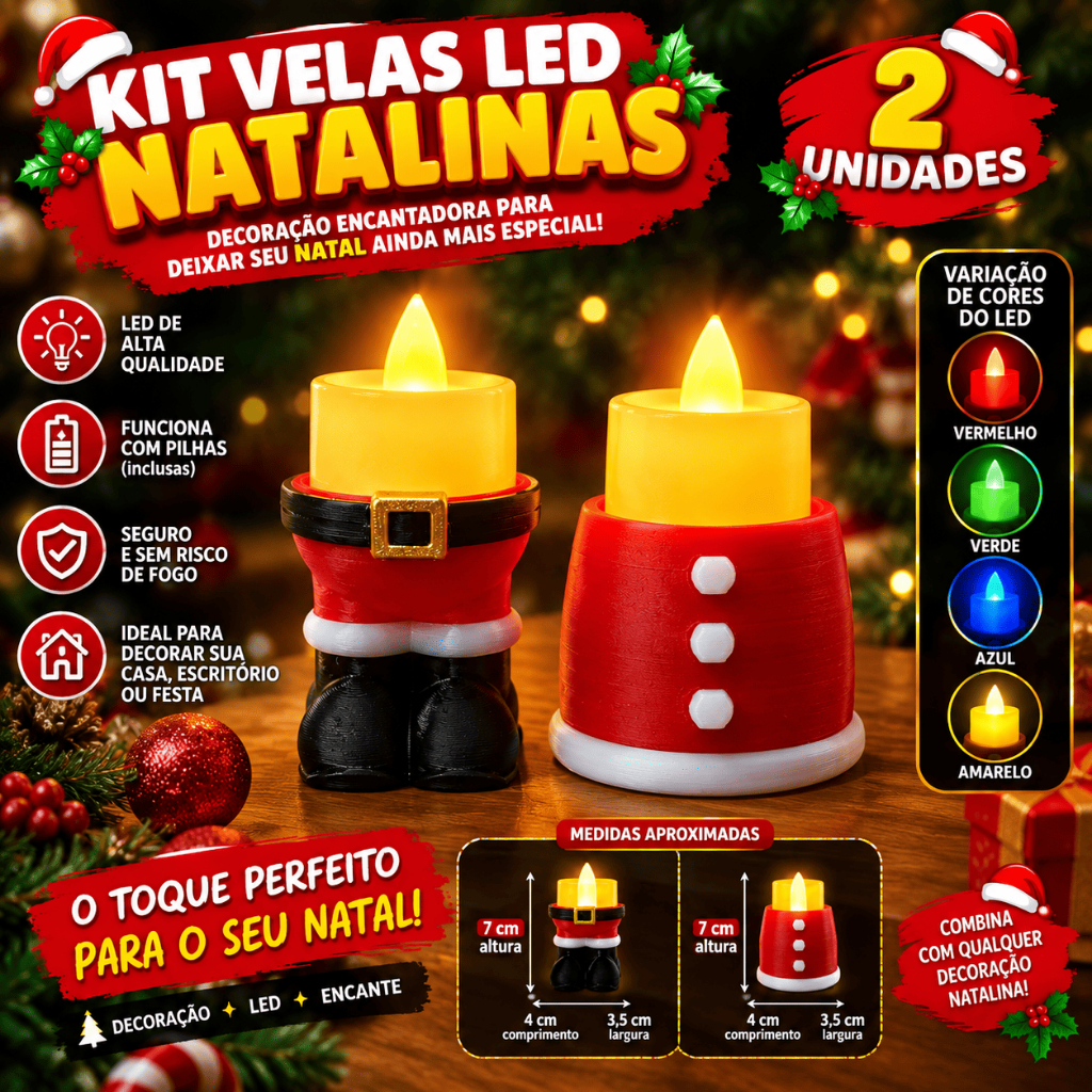 Kit 2 Velas LED Natalinas Papai Noel – Enfeite Decorativo de Natal, Exclusivo, Edição Limitada, Presente