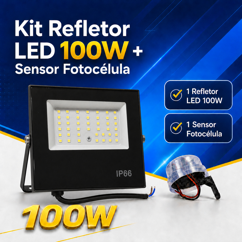 Kit Refletor Holofote LED 100W Branco Frio Sensor Fotocélula Automático Dia Noite Bivolt Iluminação Segurança