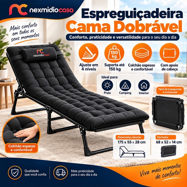 Cama Espreguiçadeira Dobrável Reclinável em 4 Posições com Colchão Camping 150kg 187x67x37cm