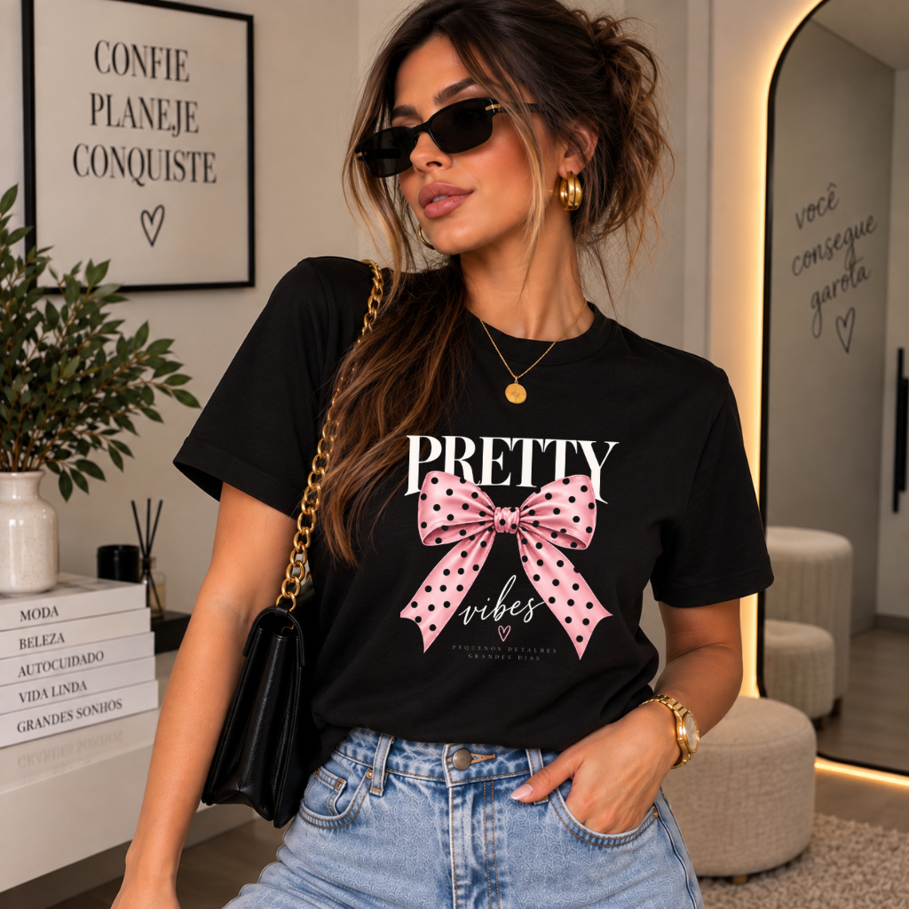 Camiseta Feminina Laço Pretty Vibes Poá T-Shirt 100% Algodão Estampada Moda Feminina Tendência Moda Blogueira