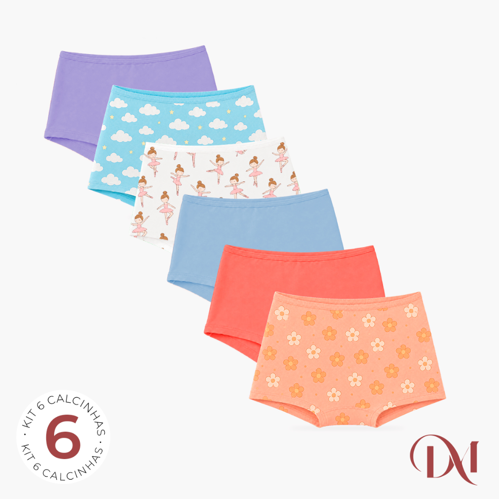Kit 6 Calcinhas Boxer Infantil Feminina Menina 100% Algodão Confortável Leve para Crianças