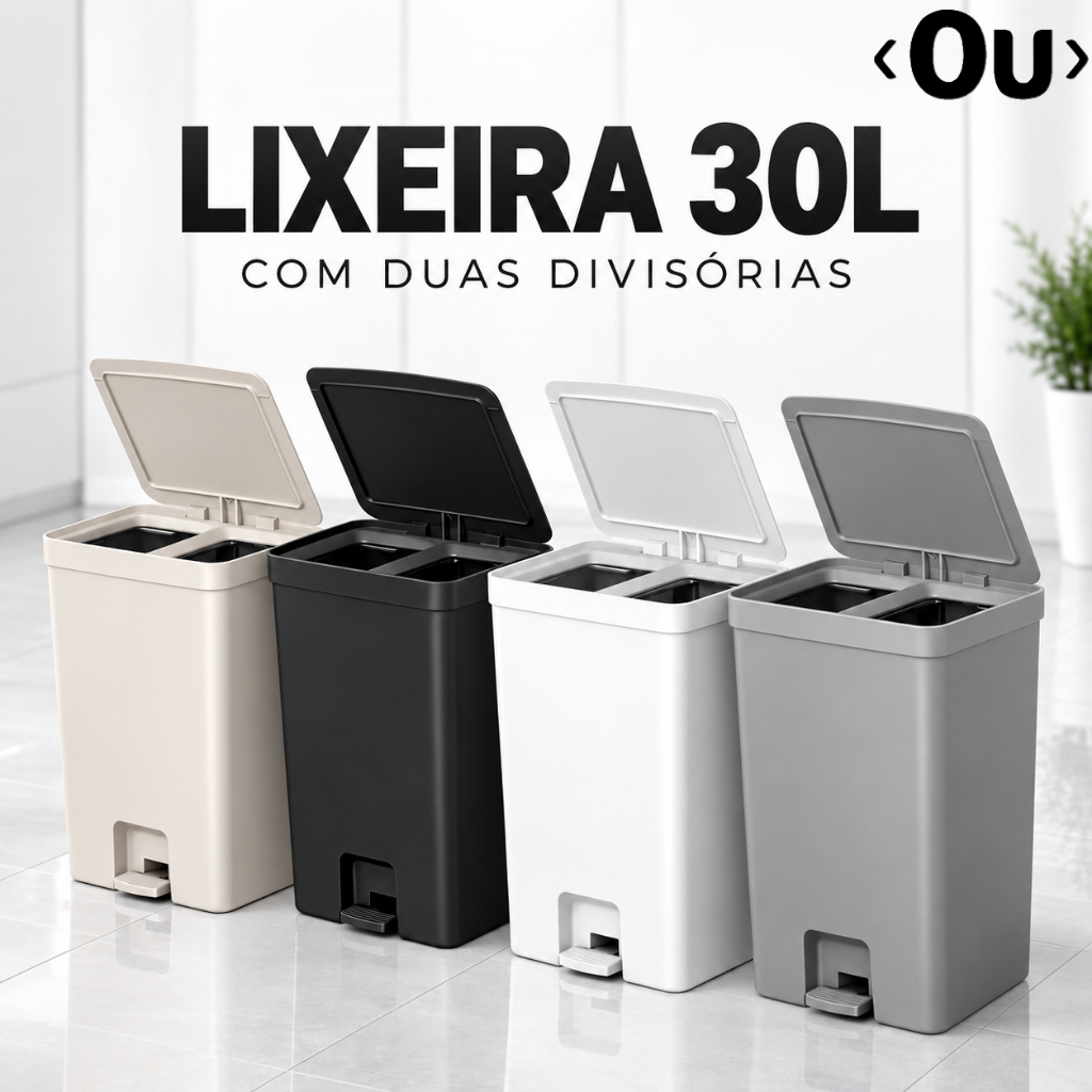 Lixeira Dupla 30L com Pedal para Cozinha – Coleta Seletiva Orgânico e Reciclável OU Trium