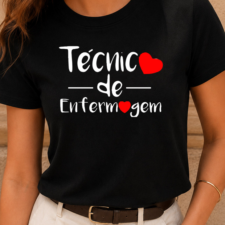 Blusa Enfermagem Coração Babylook Estampada 100% Algodão Camiseta Feminina Técnica Saúde Profissão