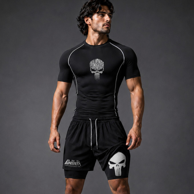 Conjunto Masculino Camiseta Compressão Costura Inversa e Short Compressão The Punisher Skull Academia Gym