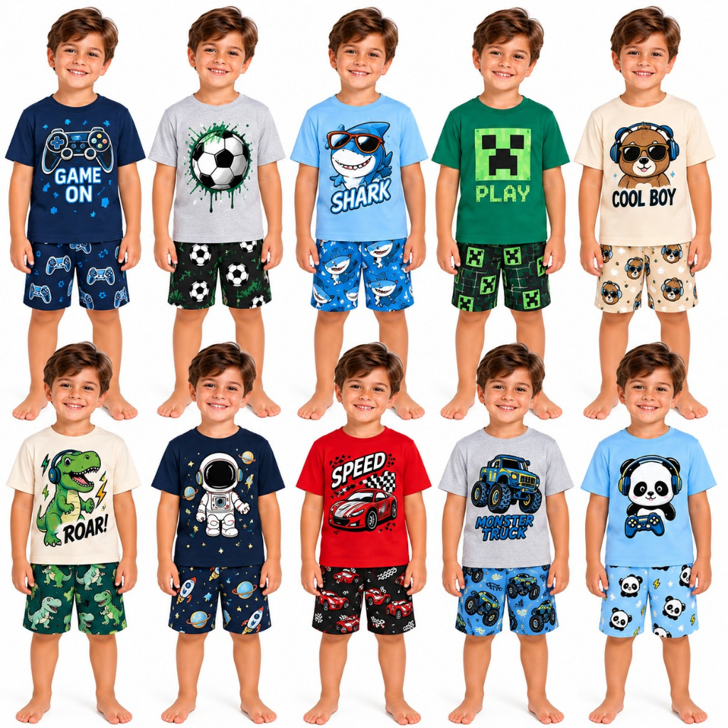 Kit 3 Pijamas Curtos Infantis Menino Verão | 6 Peças | Estampas Sortidas | Confortáveis