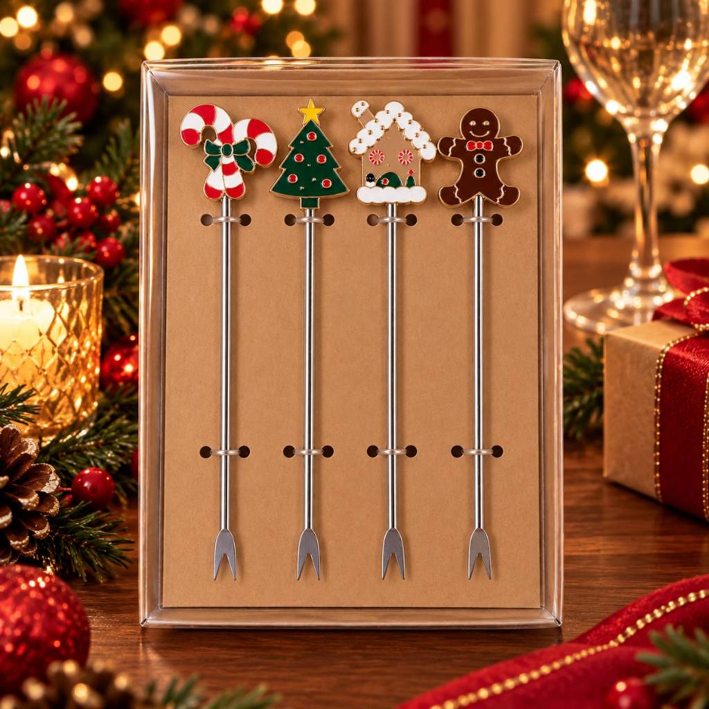 Kit 4 Garfo Petisco Aperitivo Frios Fruta Natal Garfinho Palito Inox Natalino Enfeite Mesa Posta