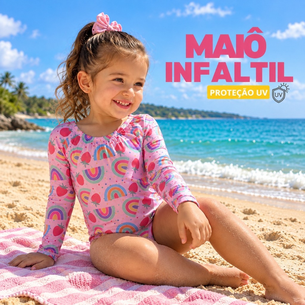 Maiô Infantil Menina Manga Longa Proteção UV 50+ Estampado Praia Piscina Secagem Rápida Confortável Estampas Variáveis