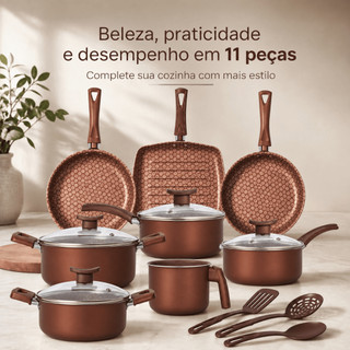 Jogo de Panelas Antiaderente 11 Peças com Chapa Grill - Com Tampas de Vidro e Utensílios,…