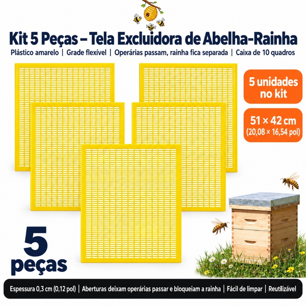 Kit 5 Un Tela Excluidora de Abelha Rainha Colmeia Apicultura Padrão Americano Langstroth