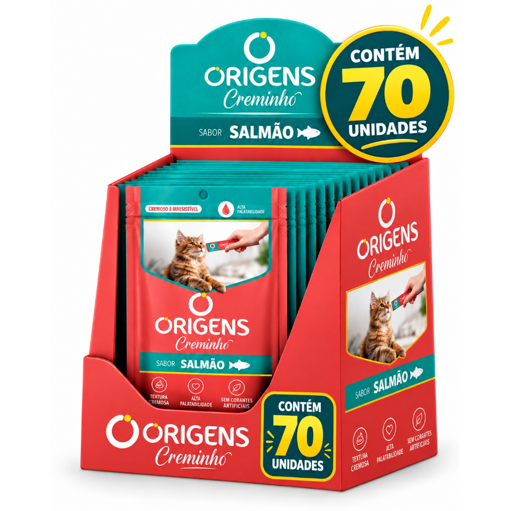 Purê Creminho Origens Gatos Sabor Salmão 60gr Caixa C/70 Unidades