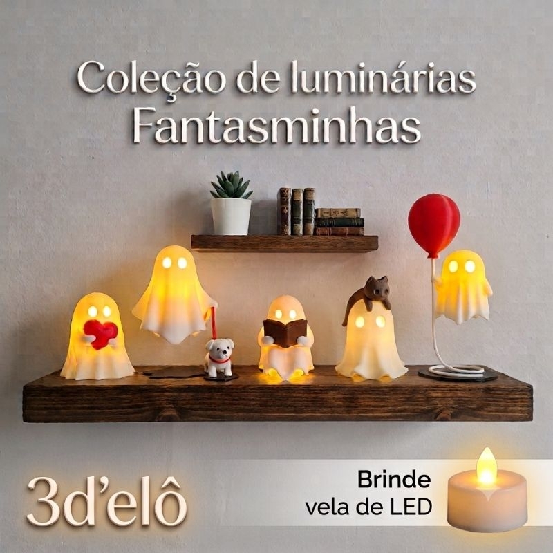 👻 Luminária Fantasminhas Decorativos + vela de LED (Leitor, Pet, Coração e Balão)