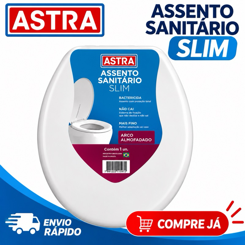 Assento Sanitário Astra Slim Almofadado Universal Oval Branco Tampa Vaso Banheiro Antibacteriano Confortável