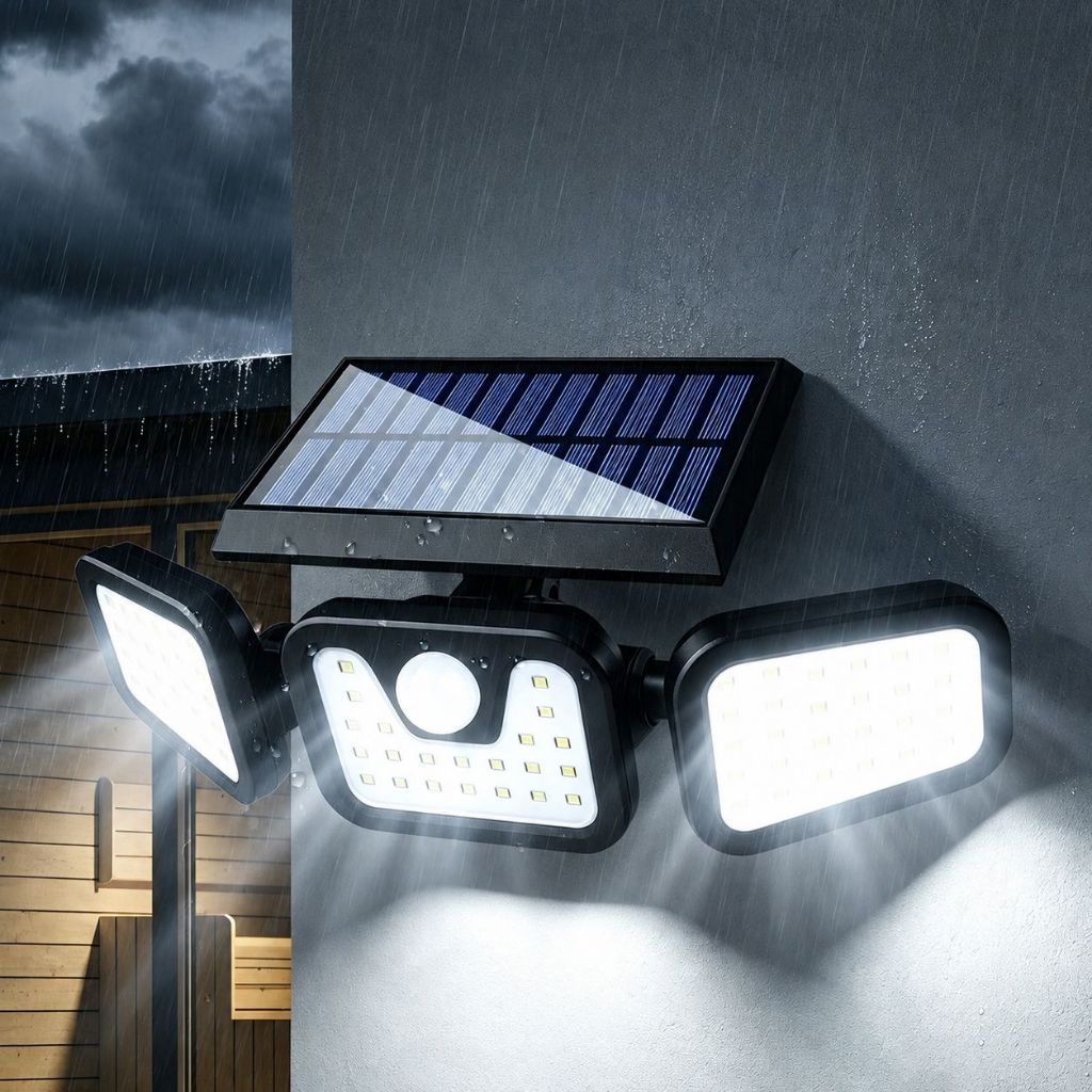 Holofote Solar Led 3 Cabeças Com Sensor De Movimento