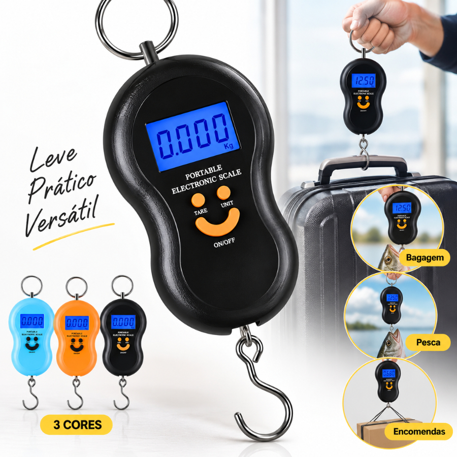 Imagem Balança Digital de Mão 50kg com Gancho Para Mala Bolsa Mochila Pesca e Viagem