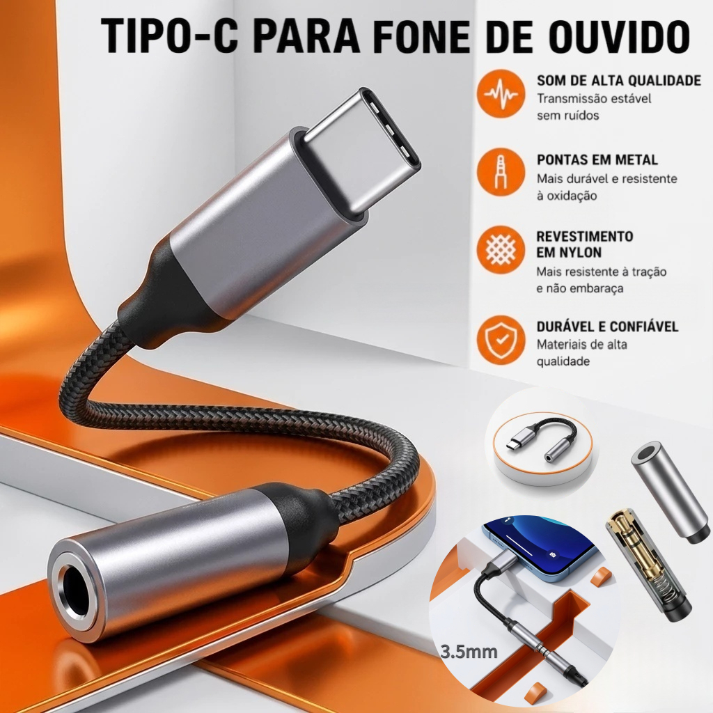 Adaptador USB C Para P2 3.5mm com DAC Áudio HD Fone De Ouvido Tipo C Auxiliar Áudio Celular Android