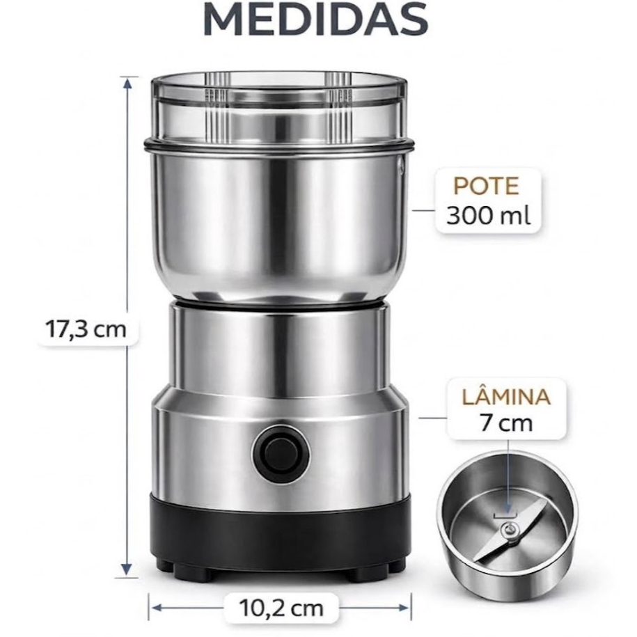 Imagem Moedor Elétrico Nima Japan 200W Inox 300ml 220V para Café Grãos Temperos e Especiarias