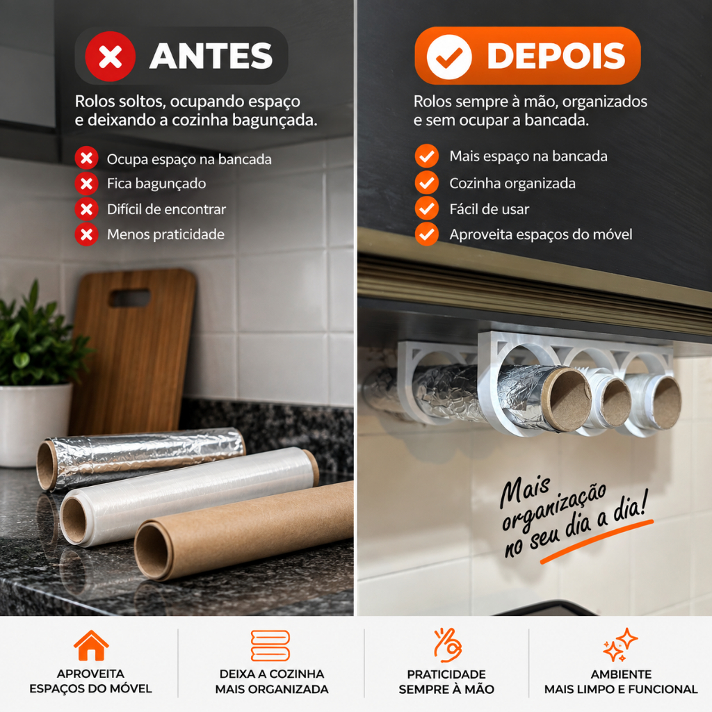Suporte para Rolos de Cozinha 3 em 1 | Organizador para Papel Alumínio, Filme PVC e Papel Manteiga | Fita 3M — imagem 2 de 2
