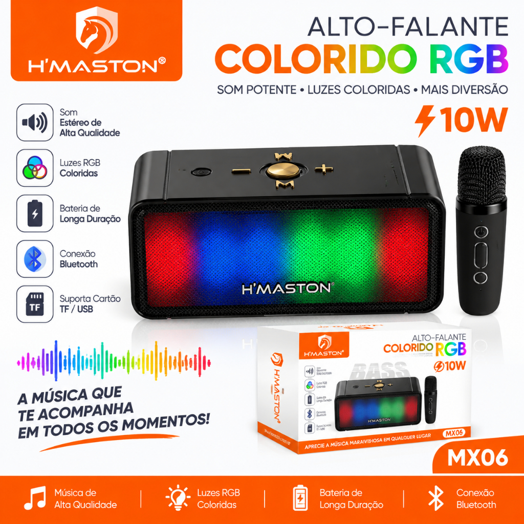 Caixa de Som Bluetooth Portátil Karaokê, Microfone Incluso, Luzes LED Coloridas, Ideal para Festas e Diversão Familiar