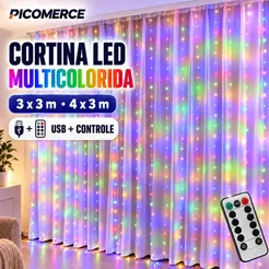 Cortina de Luz LED Multicolorida 3x3m ou 4x3m USB com Controle Remoto, 8 Modos para Festa e Decoração