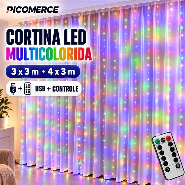 Cortina de Luz LED Multicolorida 3x3m ou 4x3m USB com Controle Remoto, 8 Modos para Festa e Decoração