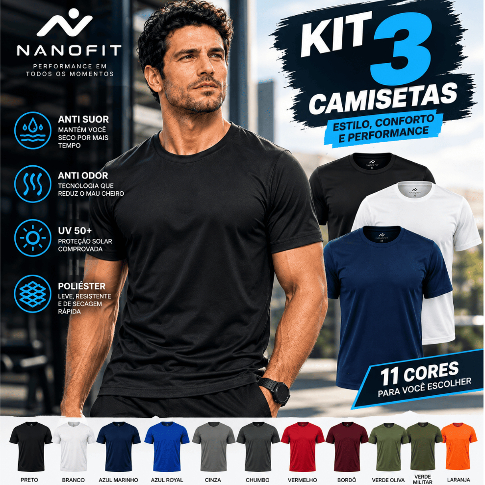 Kit 3 Camisetas Dry Fit Masculinas NanoFit Esportes com Proteção UV50+ Anti Suor Anti Odor Secagem Rápida e Não Amassa