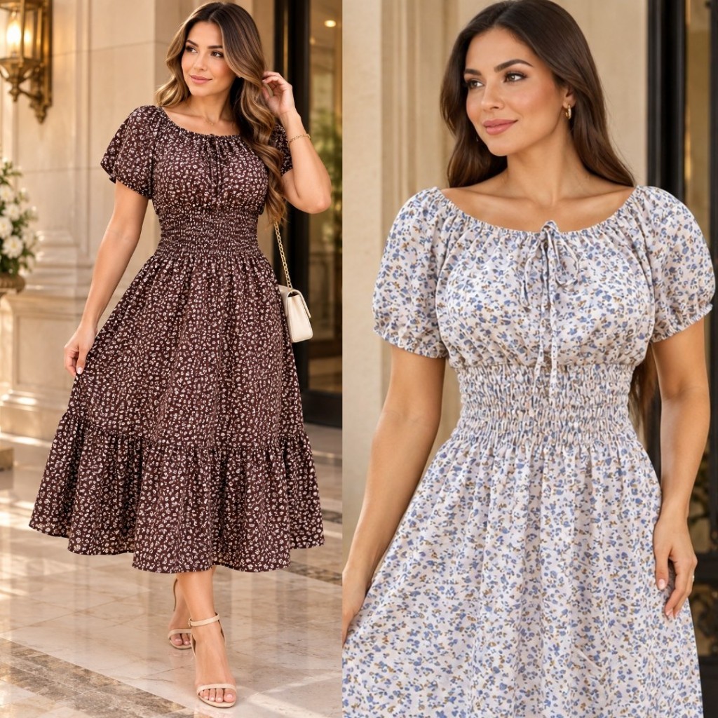 Vestido Femenino-Midi-CREPINHO-Floral-Ciganinha-liso-Casual-modesto-elegante Moda evangélica