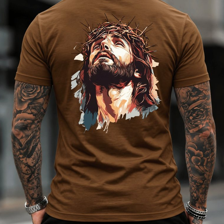 Camiseta Masculina Religiosa Camisa 100% Algodão Rosto de Cristo Cristão Estampado Nas Costas