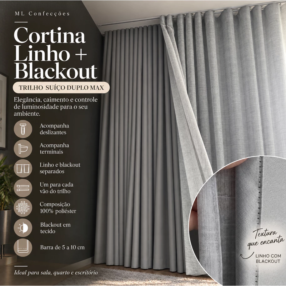 Cortina Voil Linho Forro Blackout Largura 8,00 Metros Trilho Suiço Duplo