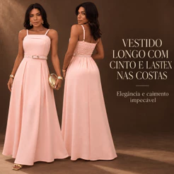 Vestido Longo Feminino Duna com Cinto Lastex nas Costas Alça Fina Regulável Elegante Festa Casual