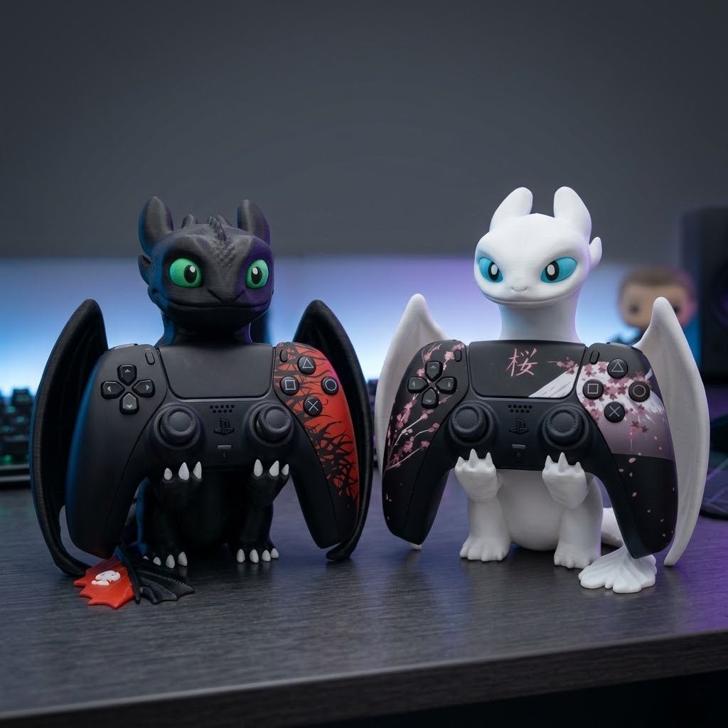 Suporte Porta Controle Dragão Fúria Da Noite / Luz Para Controle PS5, PS4, Xbox, Celular Gamer Decorativo